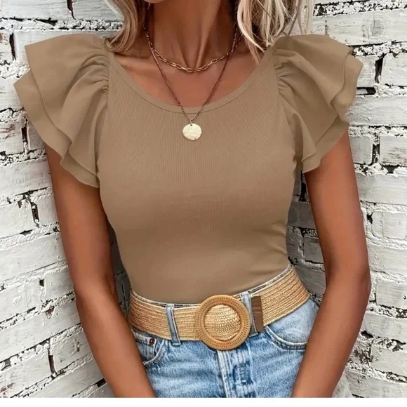 Women's Tan Ruffle Sleeve Top - Picture 2 of 4